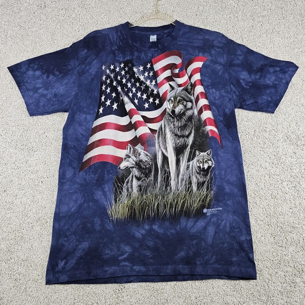 2001 VTG The Mountain American‎ Flag Grey Wolves Tie Dye Size M T-shirt USA